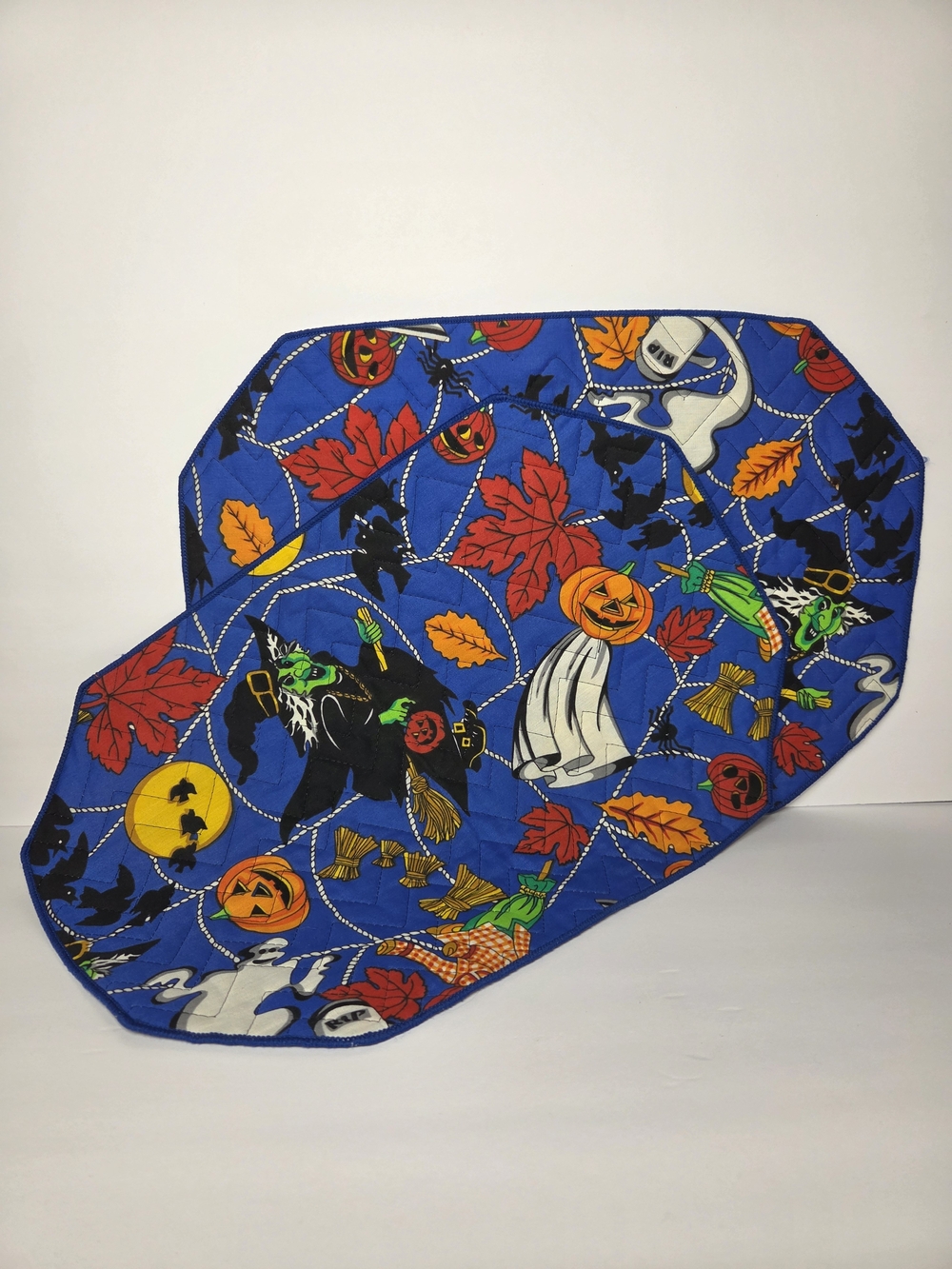 Vintage Halloween Quilted Fabric Placemats Witches Ghosts Pumpkins Blue